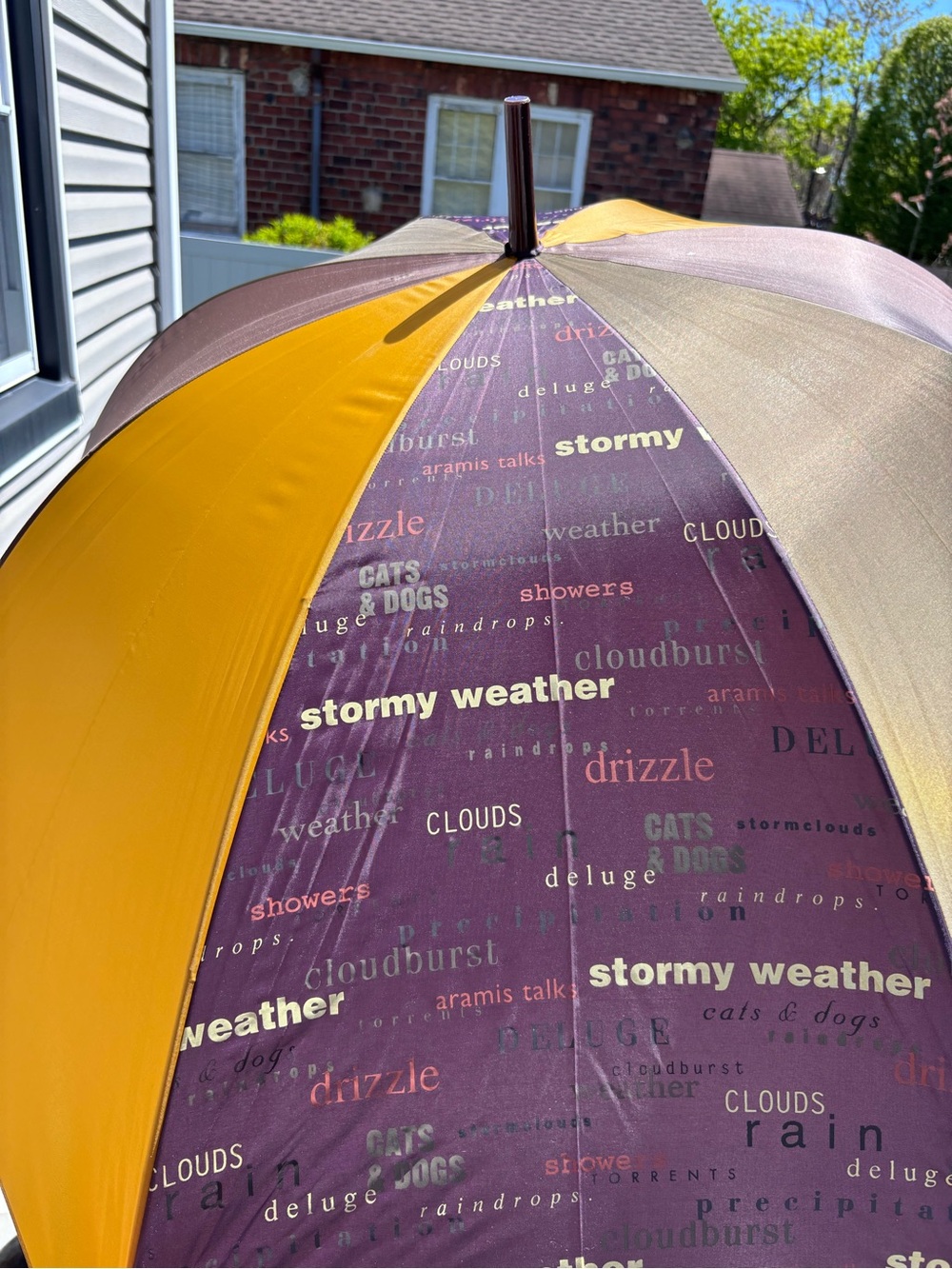 Vintage Aramis Stormy Weather Graphic Dome Umbrella in Mustard Yellow & Plum